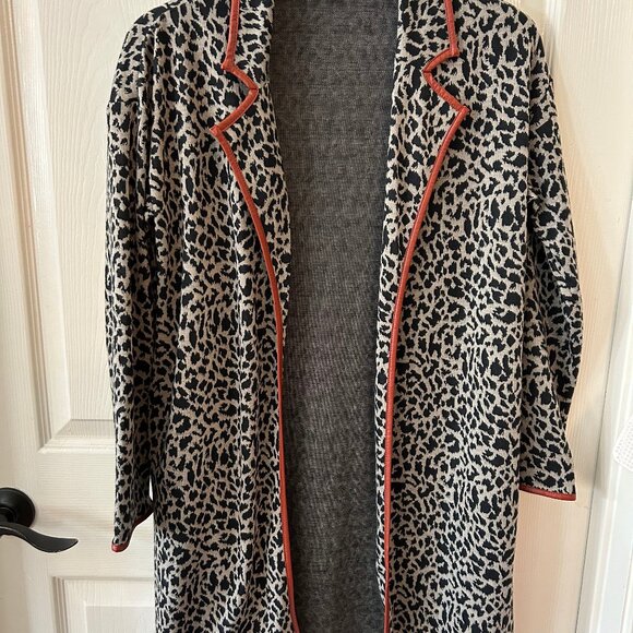 THML Women Leopard Print Long Open Front Cardigan Faux Leather Piping Sz XS - Picture 1 of 6